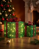 Green Glitter Mesh 3D Gift Box LED Display Set | 25cm & 20cm