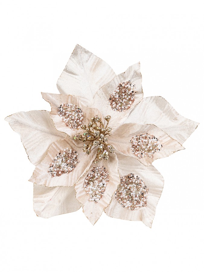 29cm Decorated Rose Gold Poinsettia Flower Christmas Tree Clip Pick