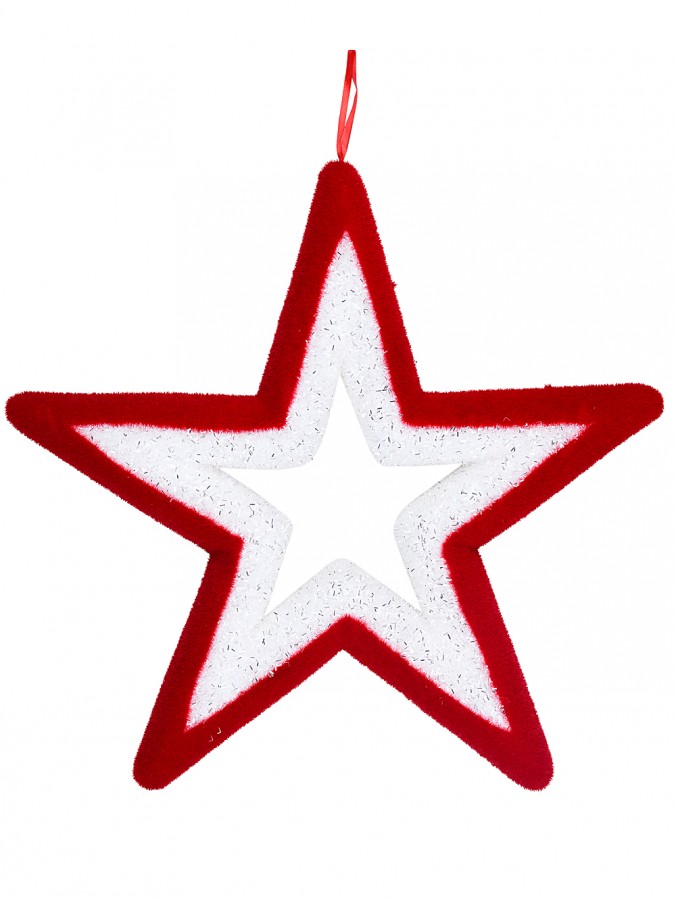 50cm Red & White Flocked With Silver Large Hollow Christmas Star Tinsel Plaque