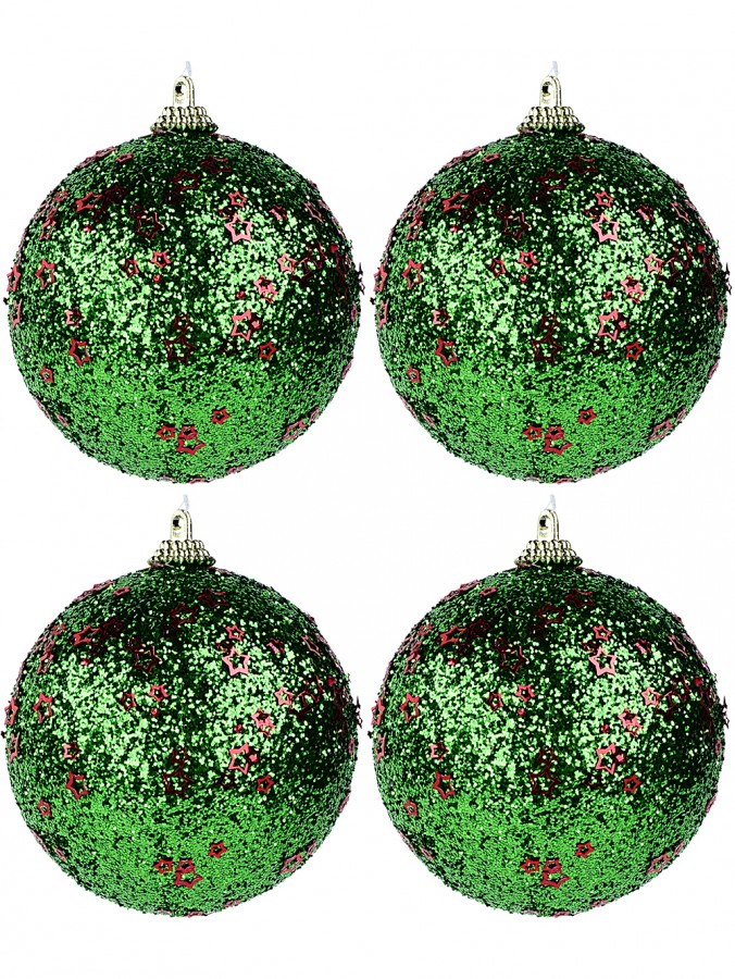 Green Glitter Coated Christmas Baubles With Red Star Decorations - 4 x 80mm