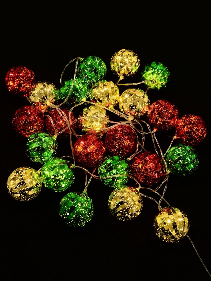 24 Warm White LED & Red, Green & Gold Baubles Christmas String Lights - 3.4m