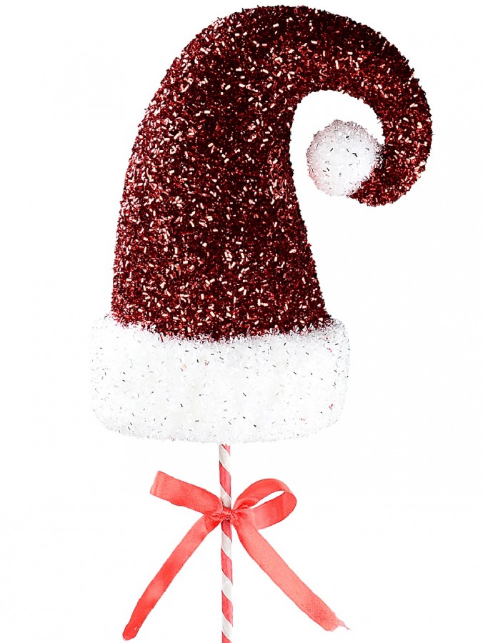 Red 3D Santa Hat & White Trim Tinsel Fleck Christmas Long Stem - 46cm Wide