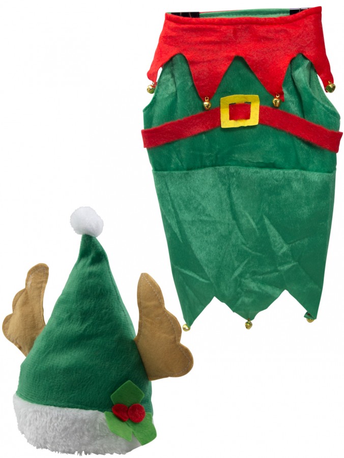 Santa's Little Helper Pet Suit With Antlers On Hood - Fit most small dogs