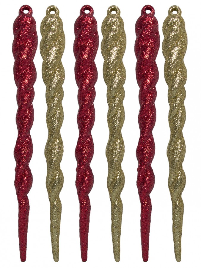 Red & Gold Glittered Icicle Decorations - 12 x 13cm