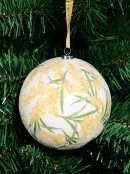 10cm Golden Wattle Flowers & Leaves Print With Silver Glitter Christmas Bauble