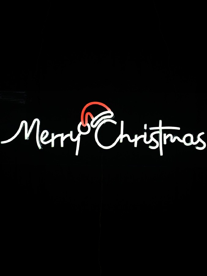 Cool White Merry Christmas With Red Santa Hat Neon Light Silhouette - 76cm