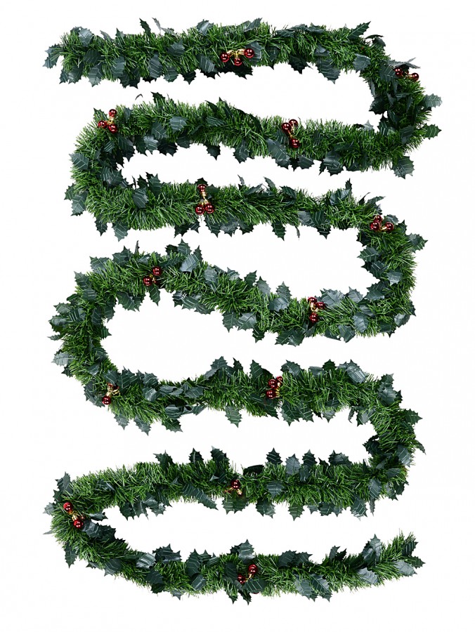 5m Holly & Red Berry Clusters Fir Needle 8ply 90mm Tinsel Garland