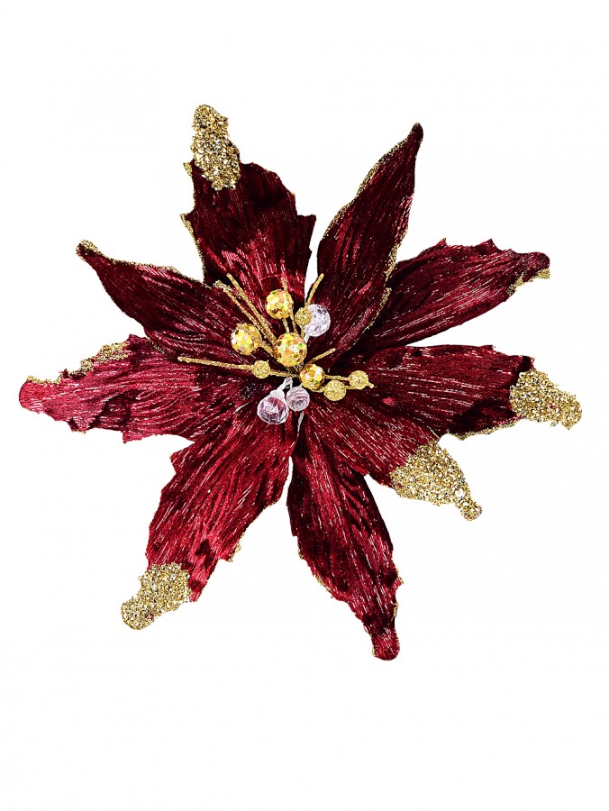 Burgundy & Gold Poinsettia Decorative Christmas Flower Clip Pick - 26cm Wide