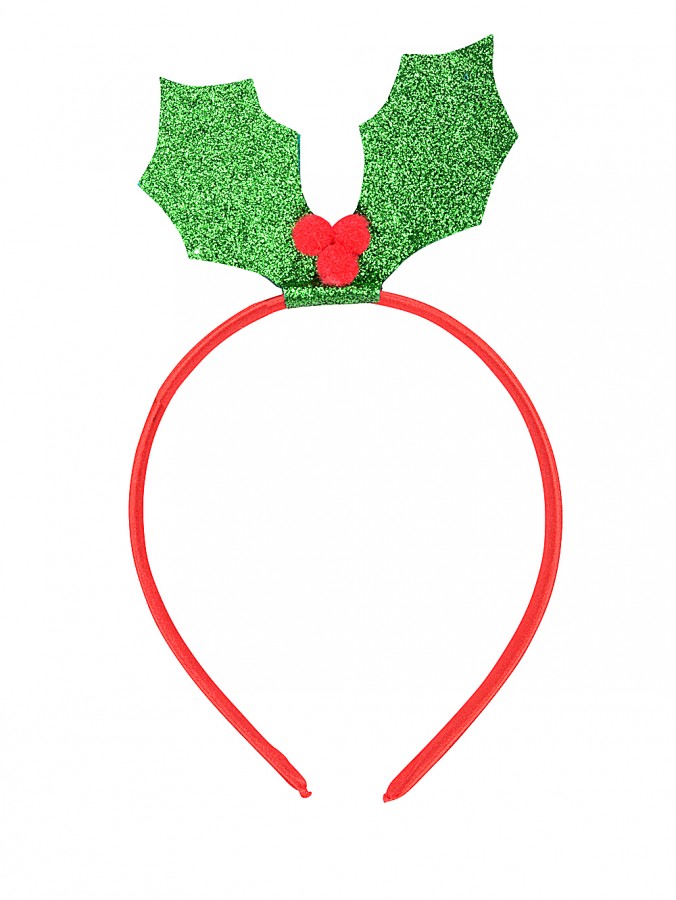 Green Glitter Holly Leaf & Red Berries Christmas Headband - One Size Fits Most
