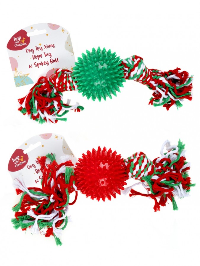 Assorted Red & Green Dog Spikey Ball Toy With Tug Rope
