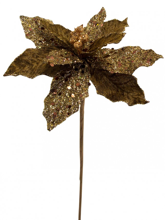 Bronze Sequin & Fabric Petal Poinsettia Decorative Pick - 16cm
