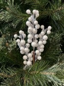 33cm White Pearl Berries Spray With Silver Sequins Christmas Tree Stem Pick