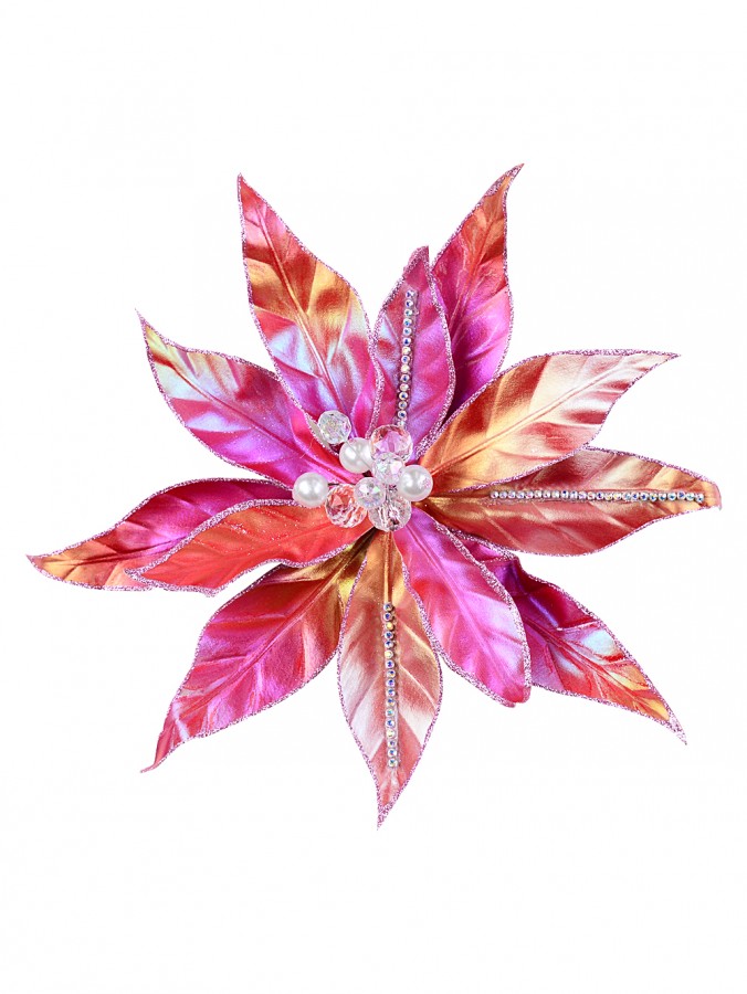 32cm Hot Pink Iridescent With Diamantes Poinsettia Christmas Tree Clip Pick