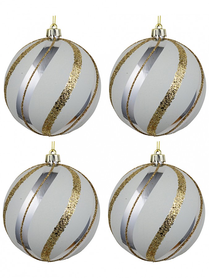 4x White Silver & Gold Swirl Whimsical Signature Ball Baubles | 10cm