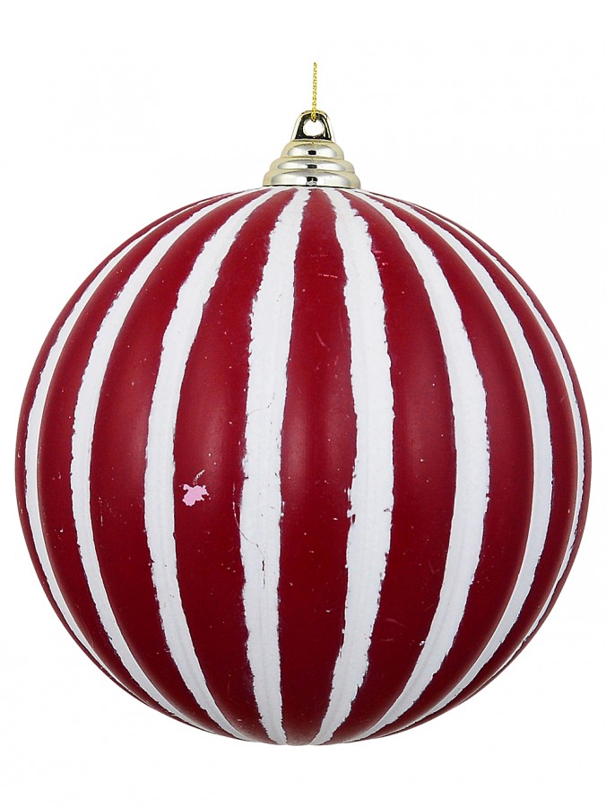 Heritage Distressed Red & White Grand Ribbed Candy Stripe Bauble | 15cm