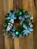 Decorated Blue Poinsettia, Pine Cone, Foliage & Baubles Pine Wreath - 45cm