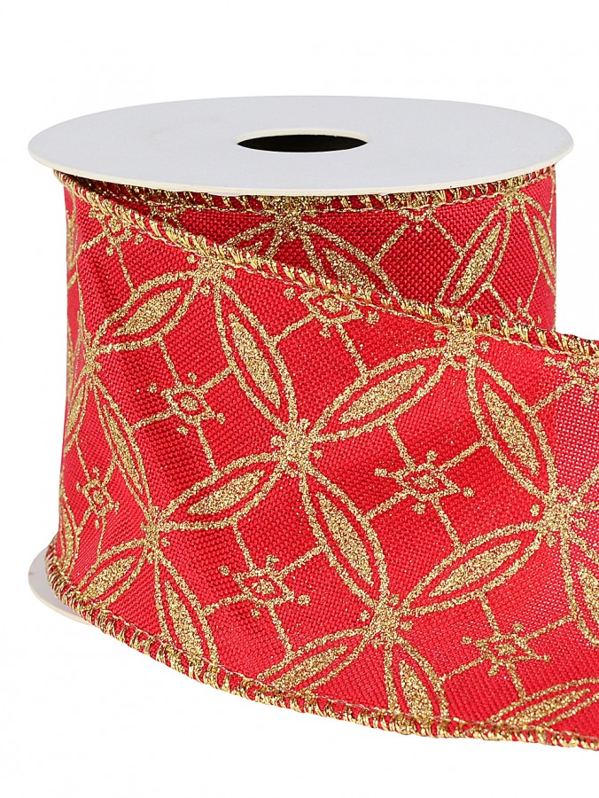 9m Gold Glitter Circles & Squares On Red Organza Wide Cut Ribbon