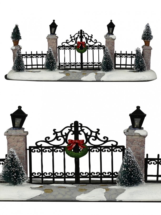Iron Gate Stone Pillars With Lit Lanterns Figurine - 24cm