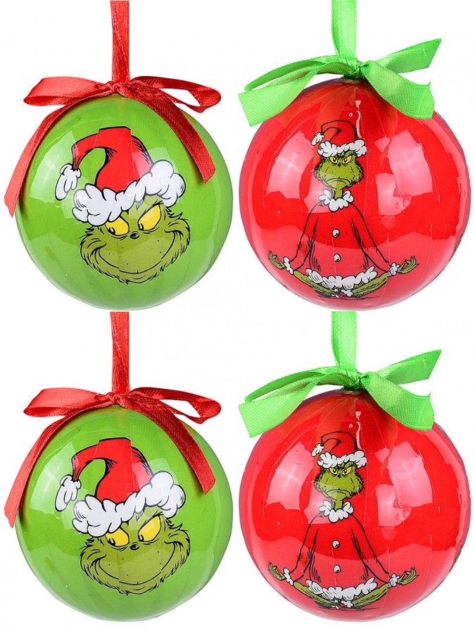 6x 70mm Red & Green Grinch Christmas Baubles With Gift Box