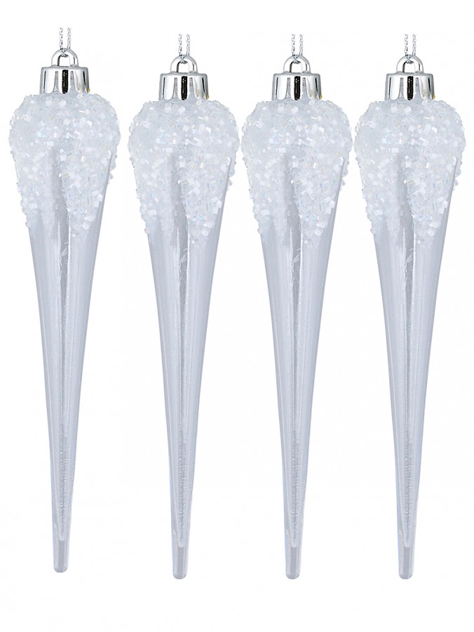 4x 15cm Frosted Look Top Clear Christmas Tree Icicle Ornaments