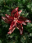 Red Organza Poinsettia With Sequins Christmas Flower Clip Pick - 25cm Wide