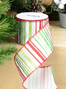 9m Red & Green Glitter Stripe On White Satin Wide Cut Ribbon
