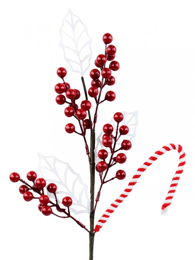 64cm Red Berries, White Leaves & A Candy Cane Spray Long Christmas Stem