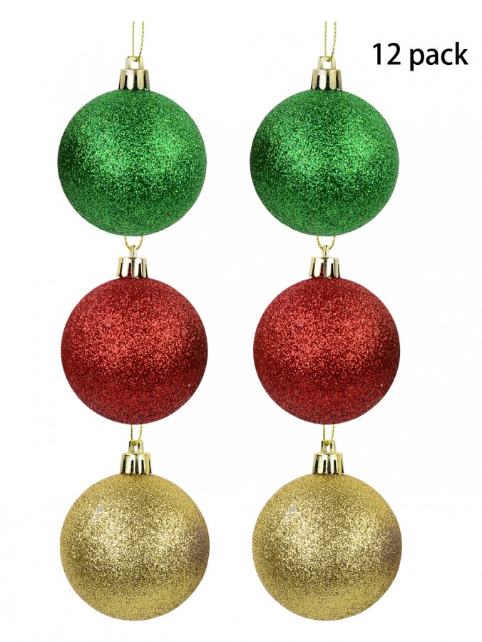 Red, Green & Gold Glittered Baubles 12 x 60mm