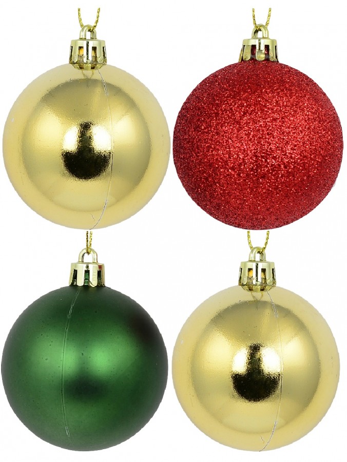 Red Glittered, Green Matte & Gold Metallic Christmas Baubles - 12 x 60mm