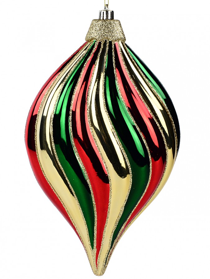 Shiny Red, Green & Gold Stripe Large Display Onion Bauble Decoration - 28cm