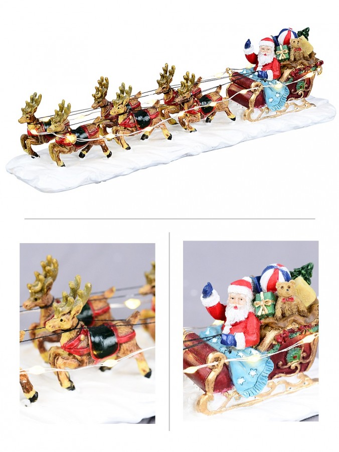 Santa, Sleigh & Reindeers In Snow LED Battery Christmas Village Figurine - 22cm