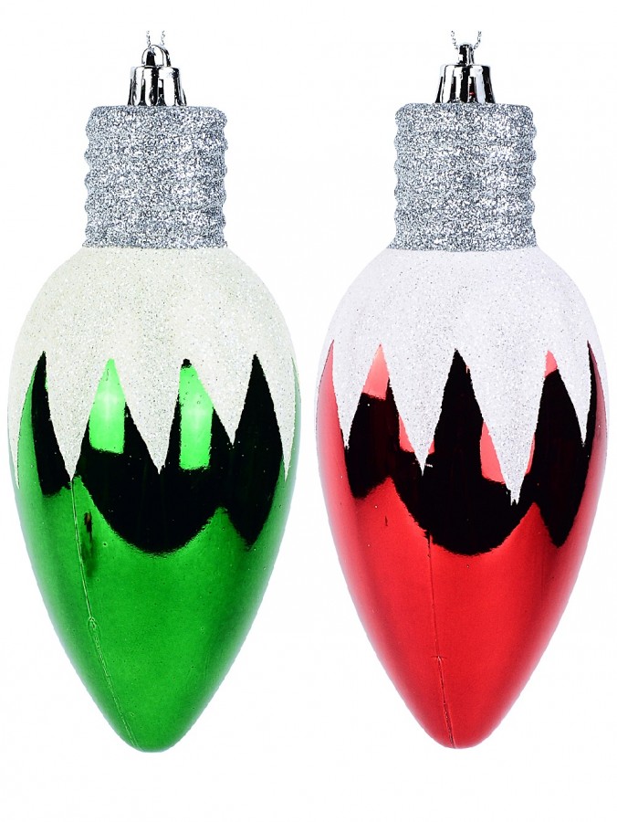 Red & Green Christmas Light Bulb Baubles With White Icicle Pattern - 4 x 16cm