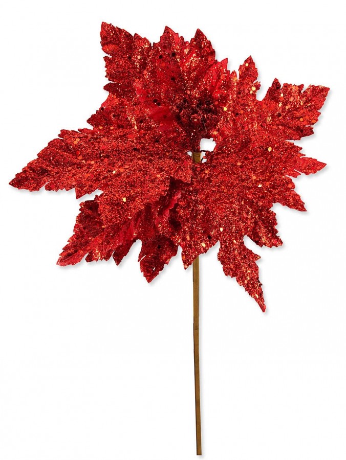 Red Poinsettia Pick With Glitter & Glass Beads - 45cm