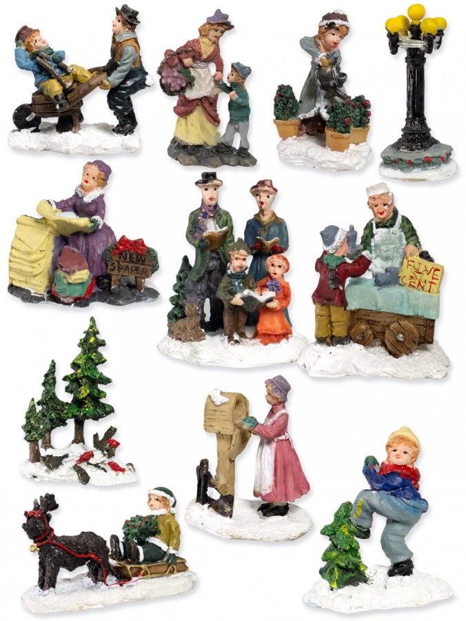 Traditional Polyresin Town Scene Figurines - 12 Pieces