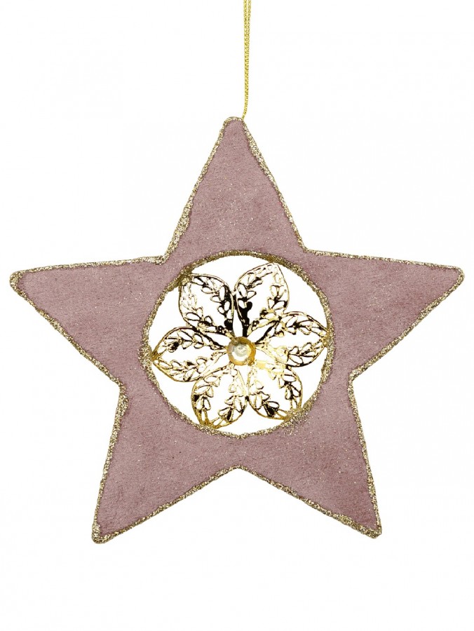 Dusty Pink Velvet Christmas Star With Poinsettia Hanging Decoration - 16cm