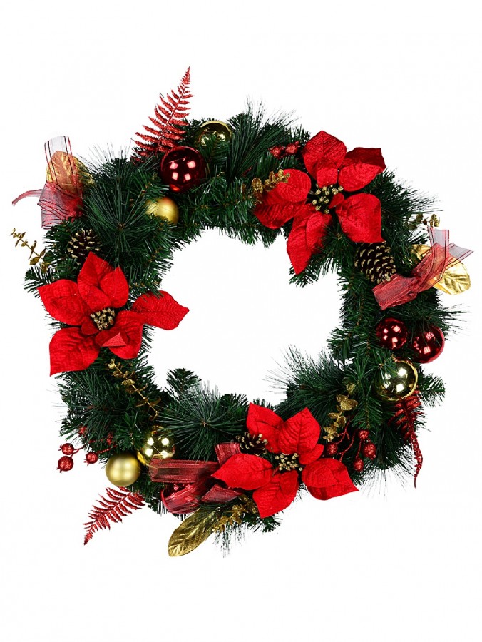 70cm Decorated Wreath With Red & Gold Poinsettias, Baubles, Bows & Foliage