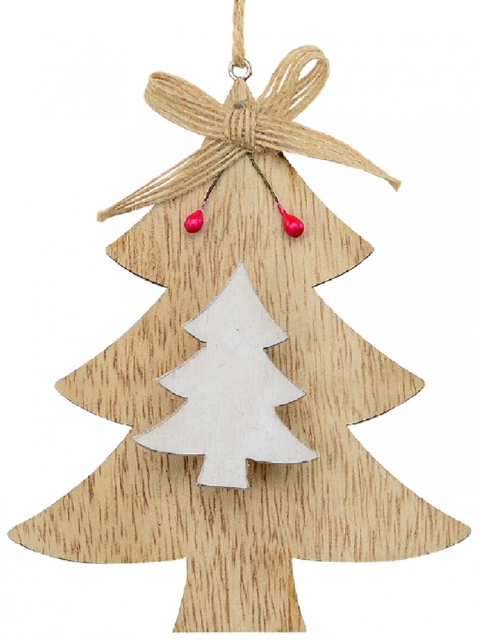 Natural & White Wood Christmas Tree With Peg Clip Hanging Decoration - 12cm