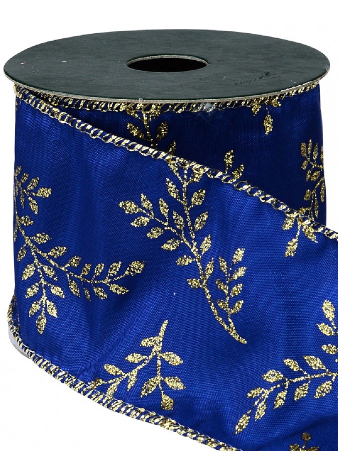 Blue Velvet Christmas Ribbon With Gold Mistletoe Stem Pattern & Edging - 3m