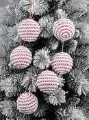 6x Red & White Spiral Plush Chenille Whimsical Signature Ball Baubles | 80mm