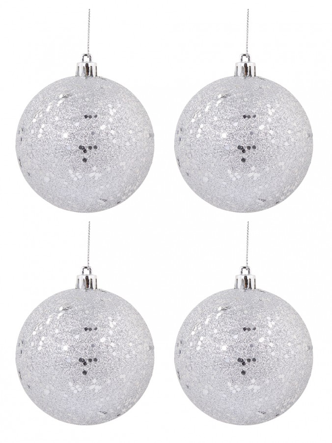 Silver Metallic Sequins & Glitter Coated Baubles - 4 x 80mm