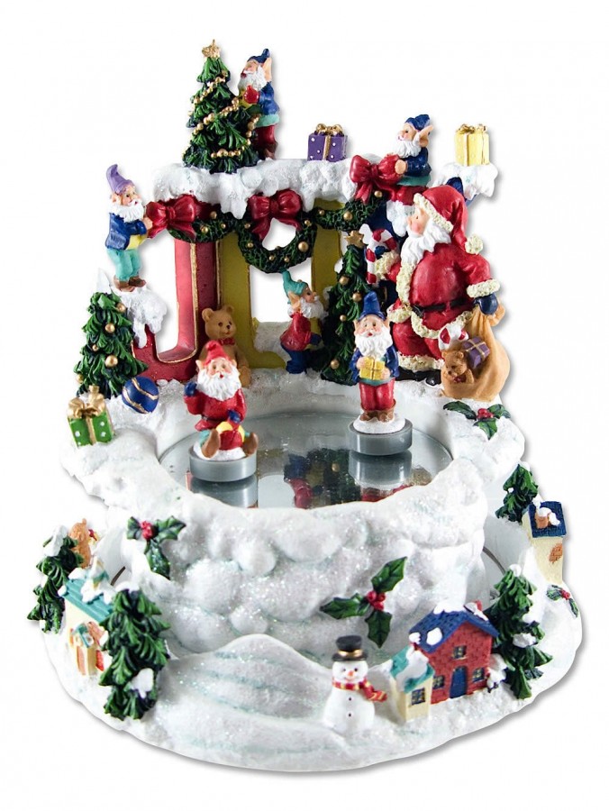 North Pole Scene With Skating Elves Musical Wind Up Ornament - 15cm