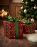 Red Glitter Mesh 3D Gift Box LED Display Set | 25cm & 20cm
