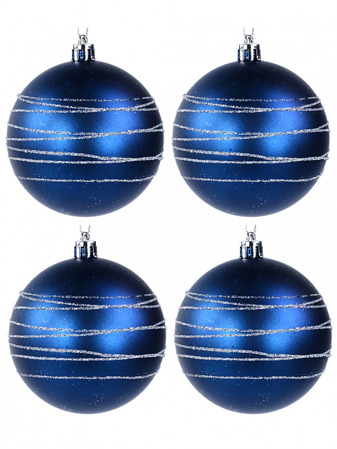 Matte Blue Baubles Decorated With Thin Silver Glitter Stripes - 4 x 80mm