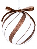 4x 10cm White Baubles With Brown Candy Swirl Glitter Lines & Bow