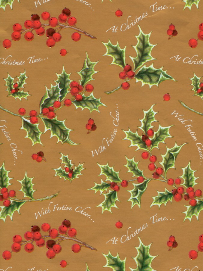 Traditional Holly With Christmas Messages Gift Wrap Counter Roll - 50m