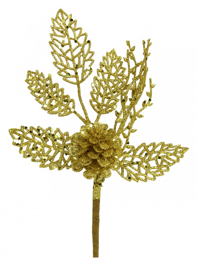 Gold Pine Cone & Holly Leaf Pick - 10cm