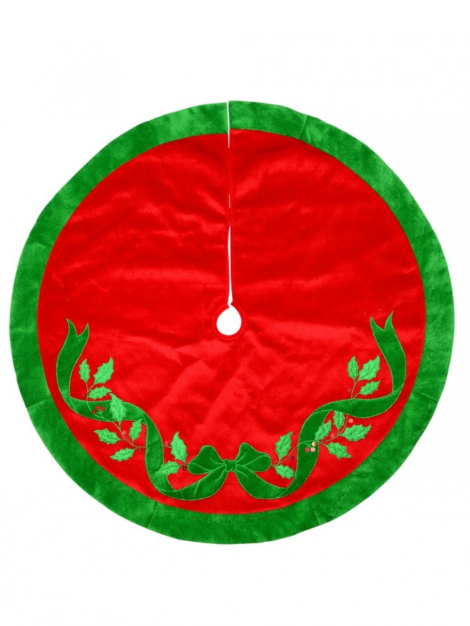Red With Green Bow & Mistletoe Pattern Velvet Christmas Tree Skirt - 1.2m