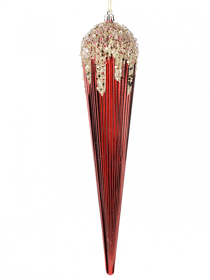 28cm Red Textured Christmas Tree Icicle Ornament With Gold Sequins