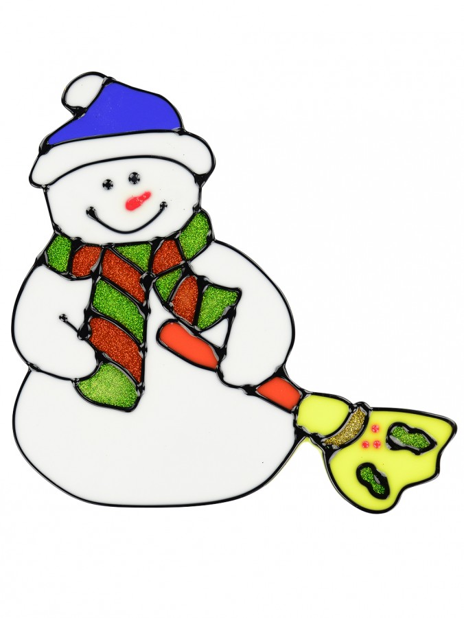 Snowman With Broom Window Cling Decoration - 16cm