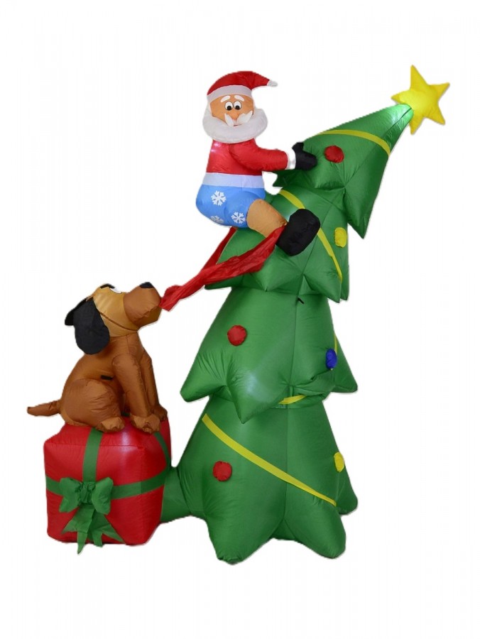 Santa Caught Up A Tree With Dog On Gift Illuminated Inflatable - 1.8m